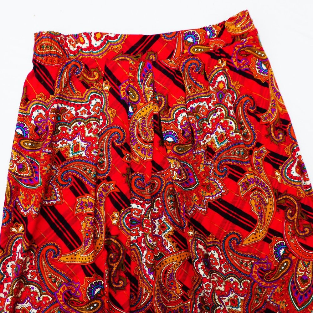 Vintage USA 80s Midi Skirt Pleated Elastic Back Waistband Damask Paisley 18W
